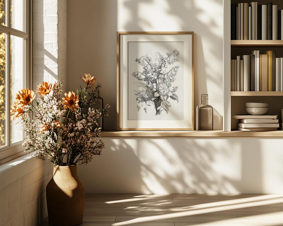 Wildflower Bouquet Monochrome Pencil Sketch Botanical Decor Print - Image 6