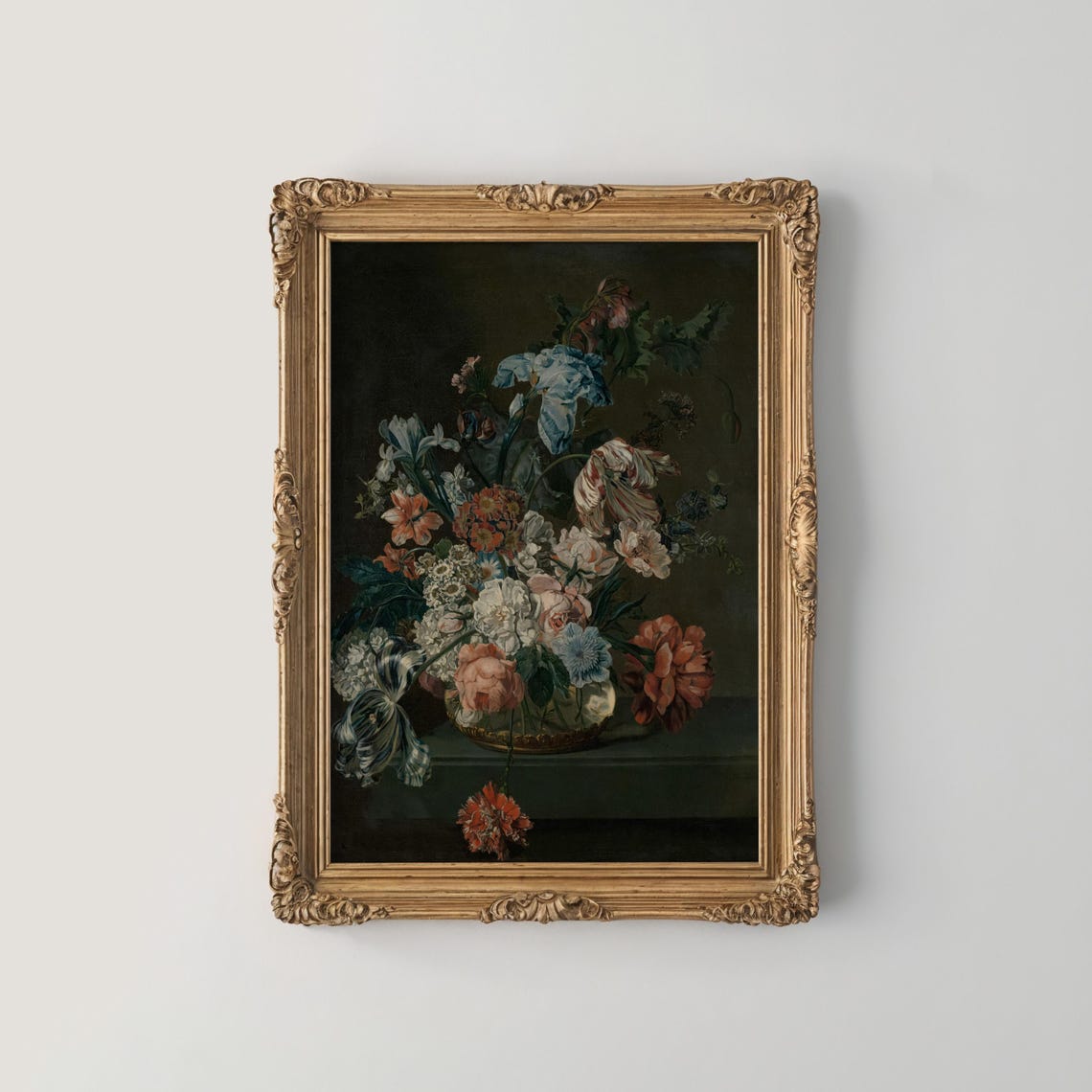 Blue Iris and Parrot Tulip Dark Floral Still Life Painting Poster