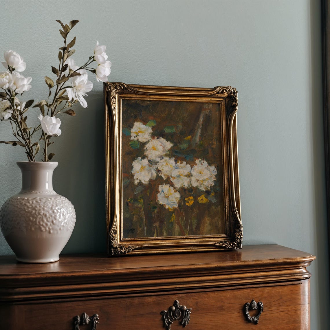 White Garden Roses on Dark Background Floral Still Life Poster - Image 2