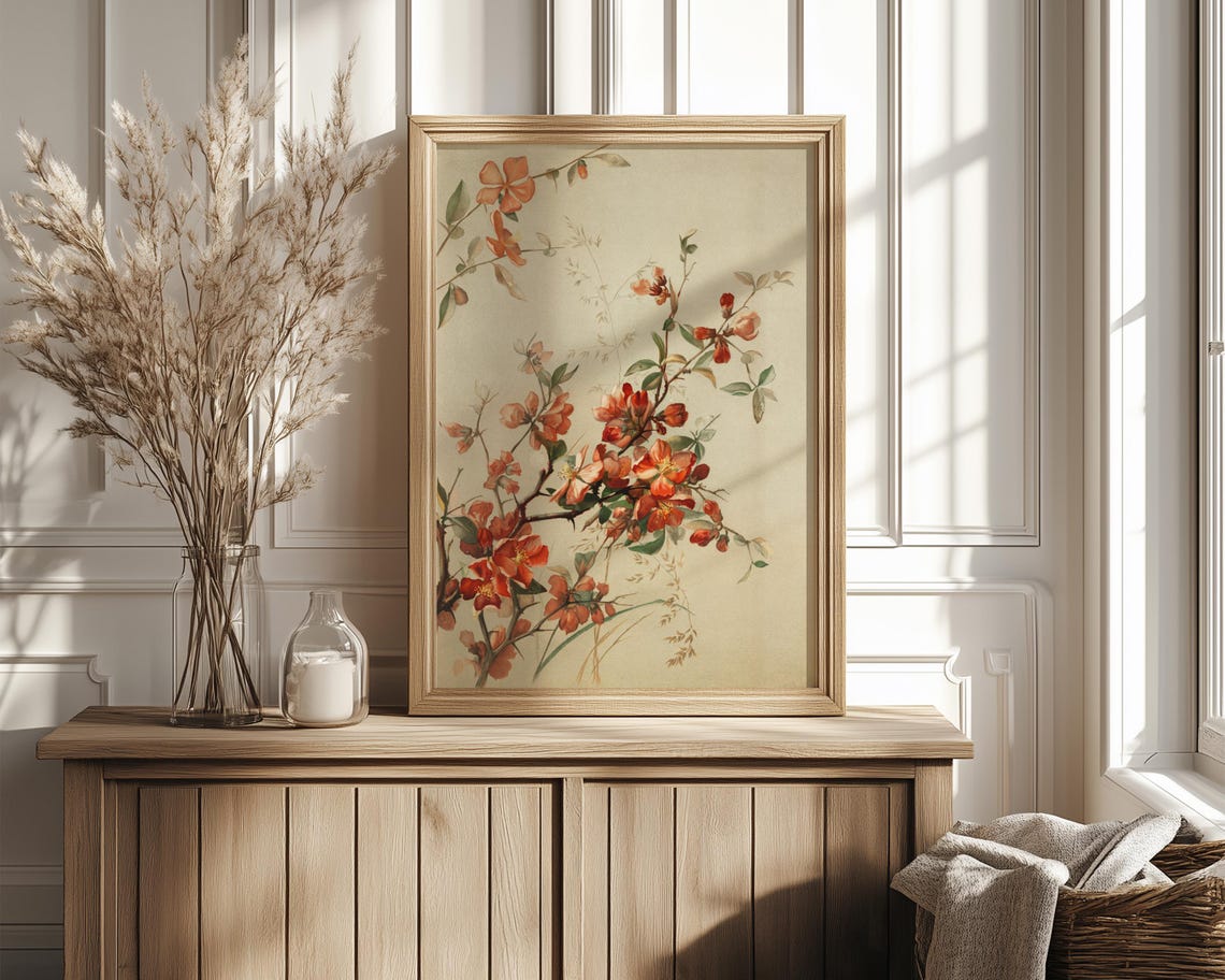 Red Quince Blossom Branch in Antique Botanical Illustration Poster - Image 4