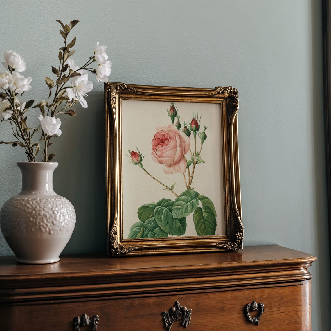 Single Blush Pink Rose Bloom with Buds Vintage Botanical Poster - Image 2