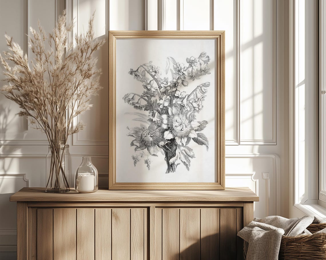Wildflower Bouquet Monochrome Pencil Sketch Botanical Decor Print - Image 4