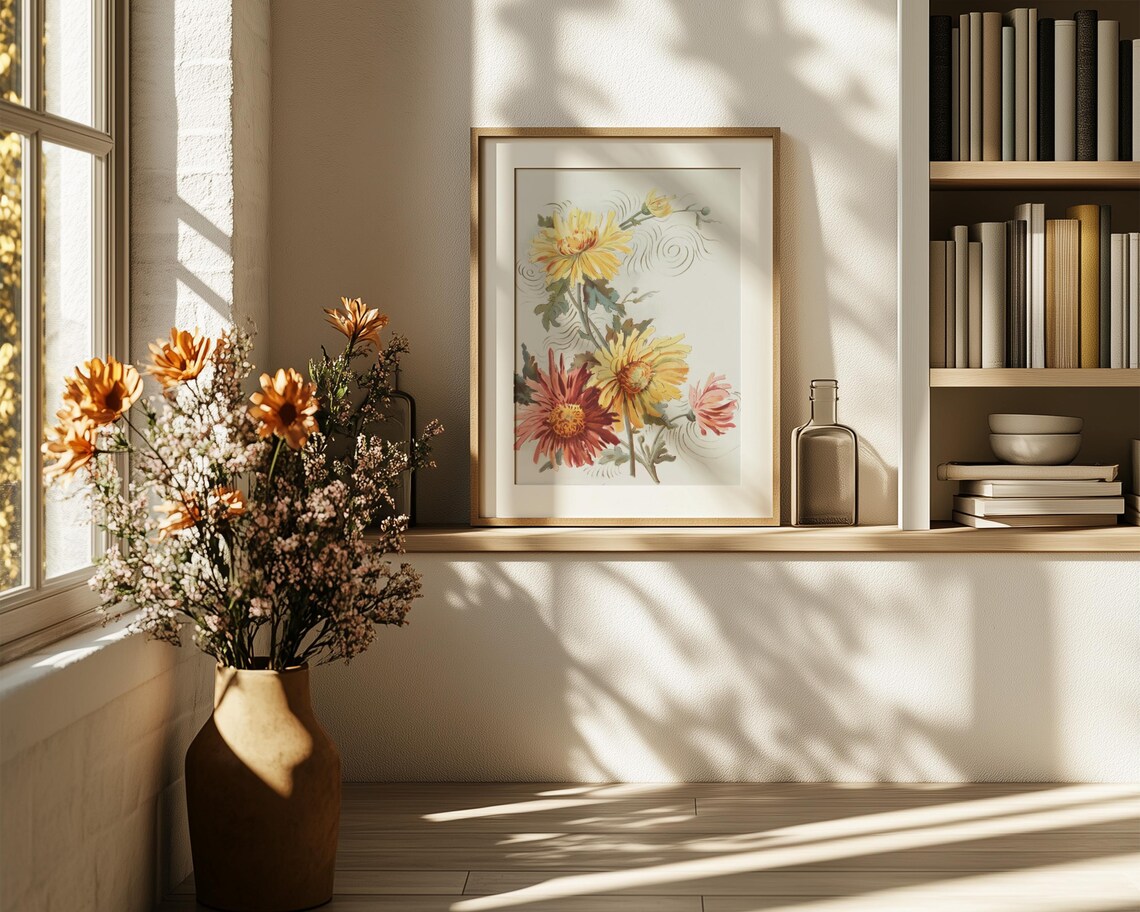Golden Chrysanthemum Blossoms Japanese Wind Motif Floral Poster - Image 6