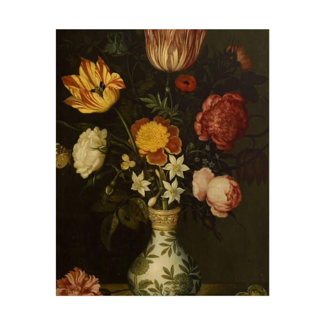 Tulips and Peonies in Blue Porcelain Vase Dark Still Life Poster - Image 6