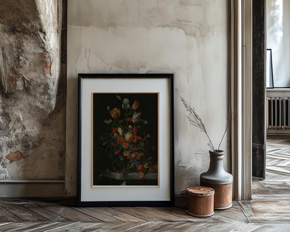 Tulips Iris and Poppies in Glass Vase Dark Still Life Poster - Image 3
