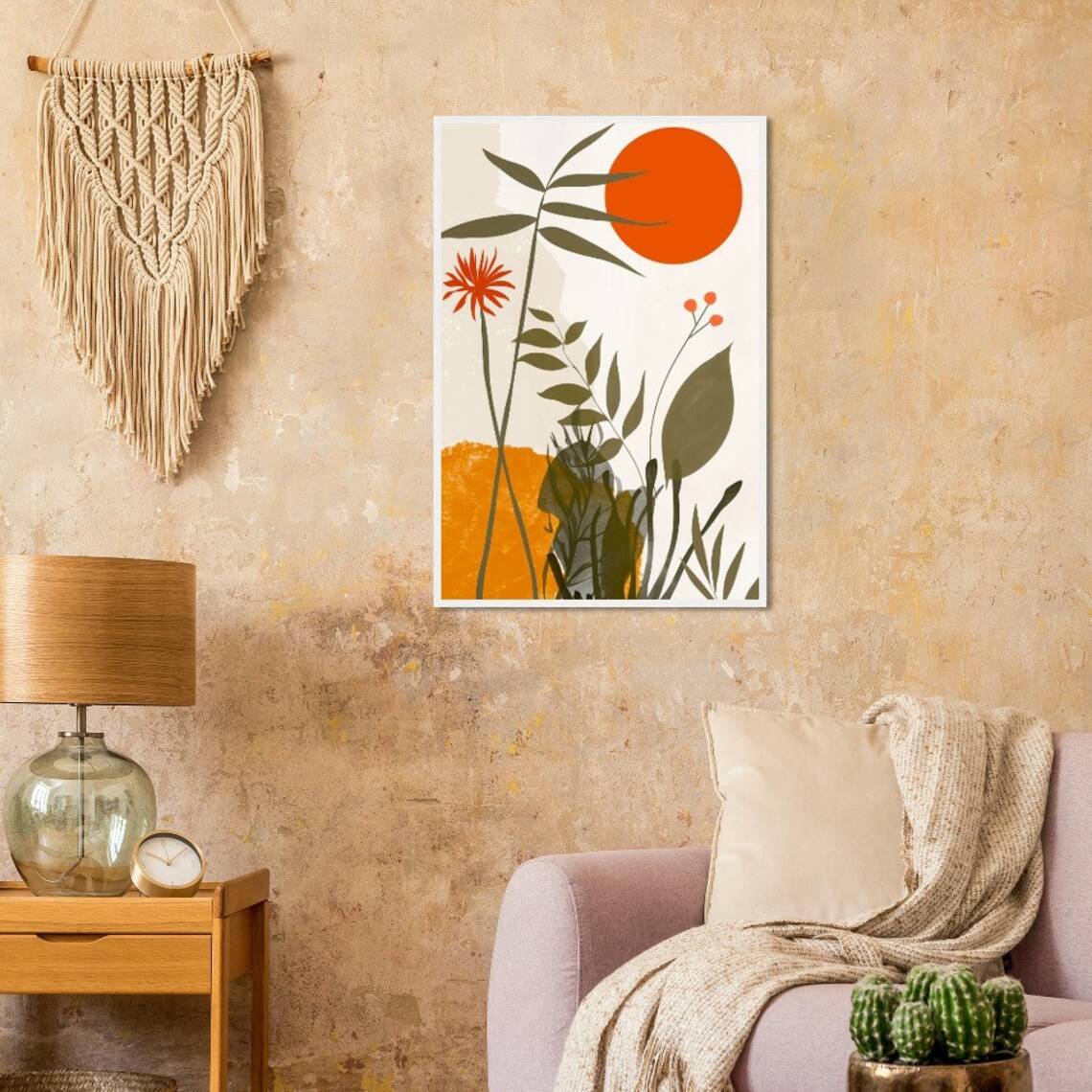 Modern Botanical Red Sun Bamboo Leaves Orange Blossom Minimalist Art Poster - Image 2