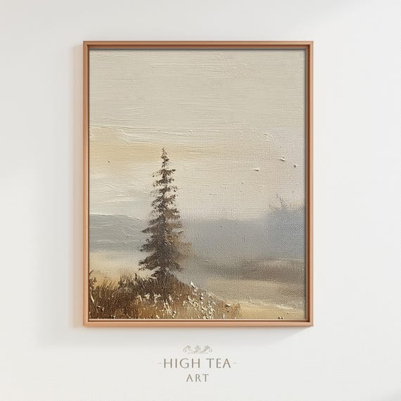 Vintage Country Landscape Oil Painting Art Print Pine Tree Canvas Neutral Muted Wall Decor Hta279