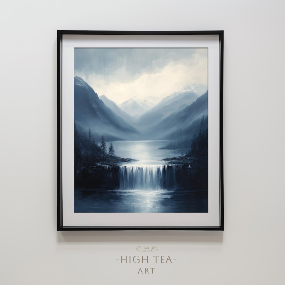 Tranquil Waterfall Lake Mountains Oil Painting, Art Print