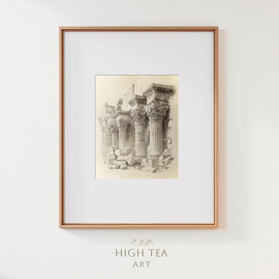 Vintage Roman Columns Sketch Drawing Print Ancient Derelict Romanesque Architecture Wall Decor Hta259