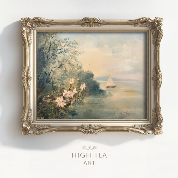 Serene Sailboat On Calm Lake Vintage Oil Painting Muted Wall Art