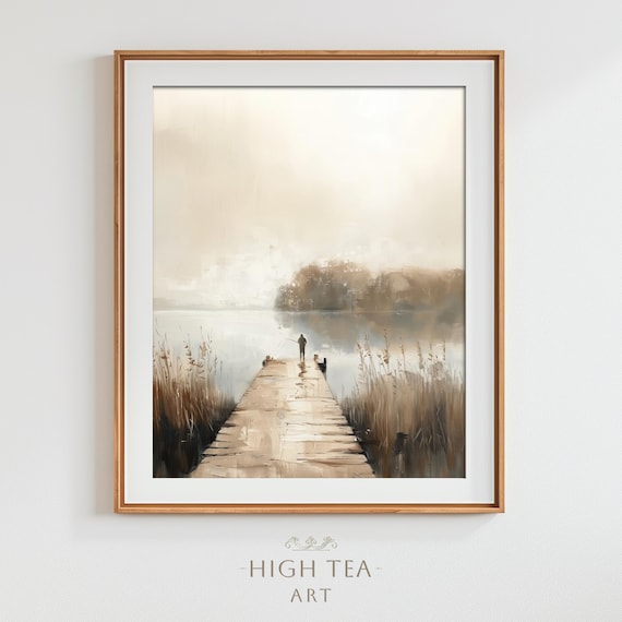 Fishing Jetty Lake Oil Painting Misty Morning Fisherman Countryside Poster