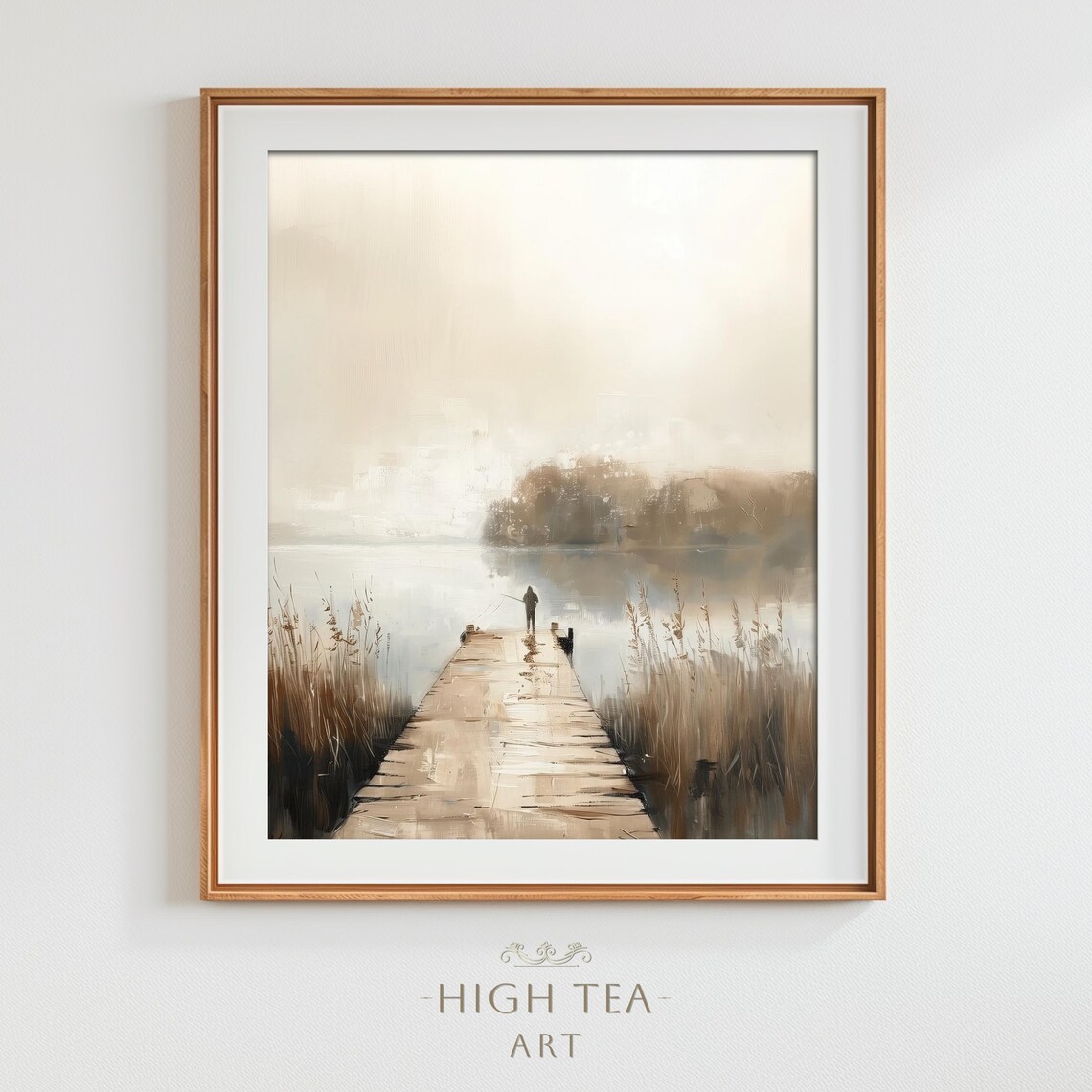 Fishing Jetty Lake Oil Painting Misty Morning Fisherman Countryside Poster