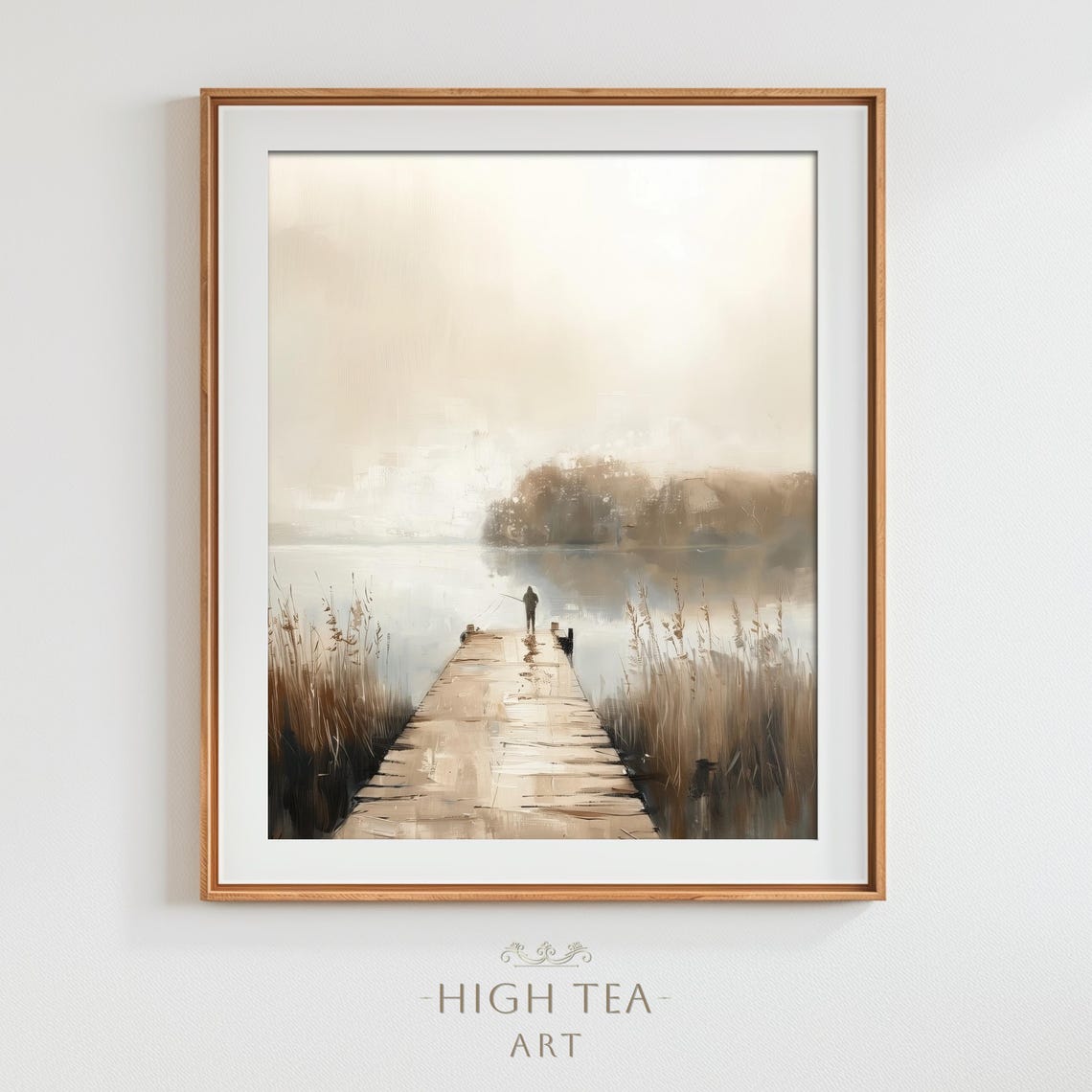 Fishing Lake Jetty Countryside Landscape Oil Painting Muted Neutral Lakeside Print Rustic Charm Decor Hta140