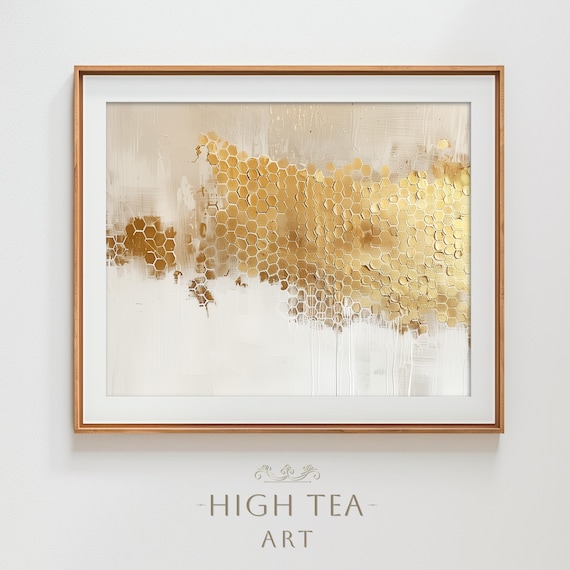 Abstract Honeycomb Pattern Oil Painting Art Print Honey Dripping Minimal Neutral Muted Wall Hta375