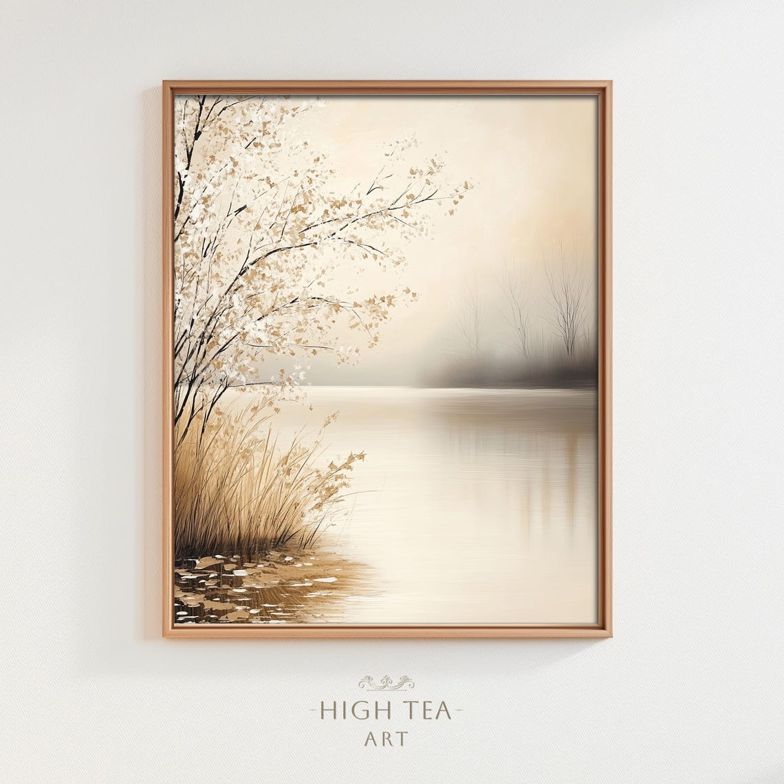 Serene Lakeside Delicate Branches Golden Reeds Sepia Mist Wall Art