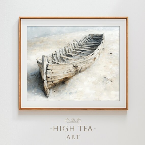 Weathered Wooden Rowboat Beached on Quiet Shore Coastal Watercolor Poster