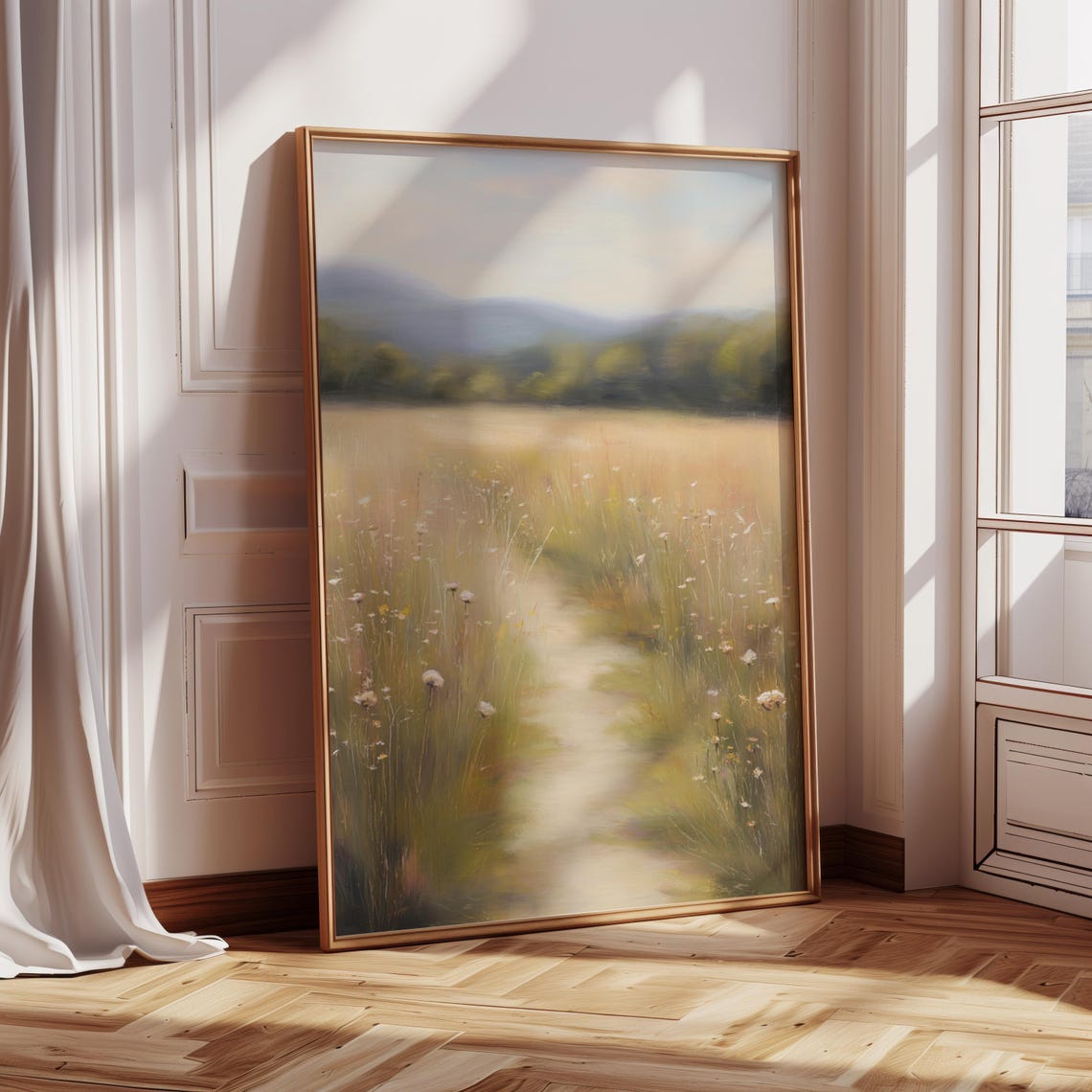 Sunlit Wildflower Meadow Winding Path Soft Pastel Landscape Wall Art