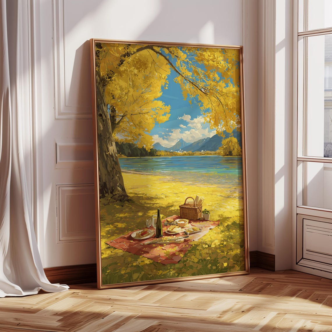 Golden Autumn Lakeside Picnic Print Fall Landscape Painting