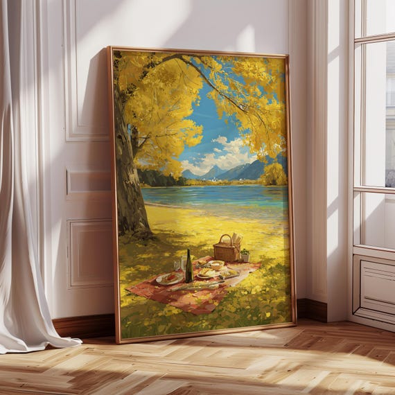 Golden Autumn Lakeside Picnic Print Fall Landscape Painting