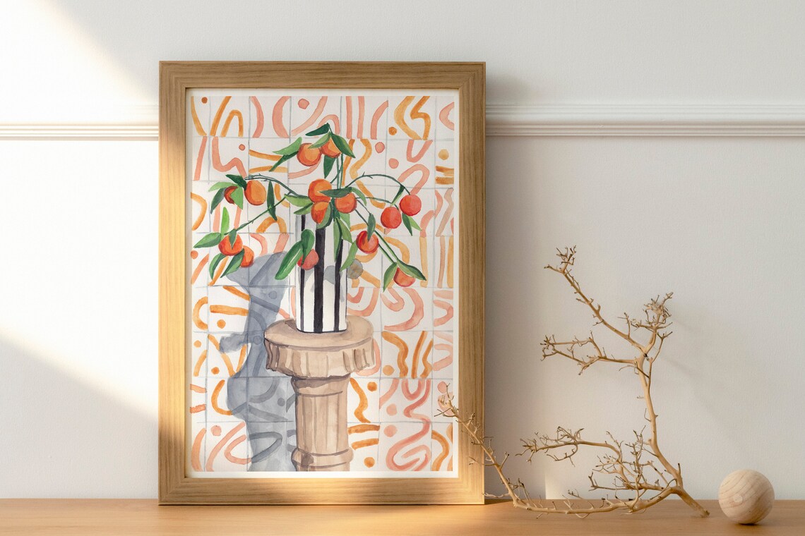 Citrus Orange Branch In Striped Vase Still Life Watercolor Wall Art - Image 3