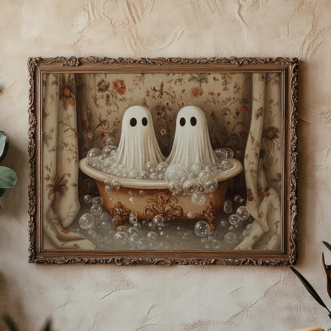 Cute Ghosts Bubble Bath Vintage Whimsical Halloween Art Poster