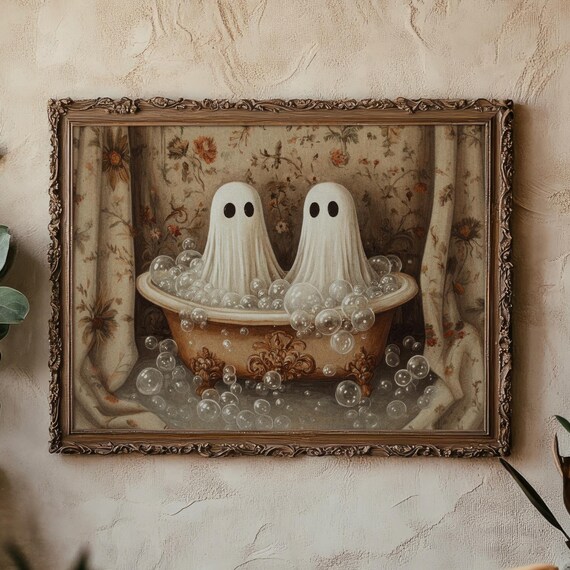 Cute Ghosts Bubble Bath Vintage Whimsical Halloween Art Poster