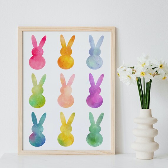 Nine Watercolor Bunny Silhouettes Rainbow Easter Grid Art Print