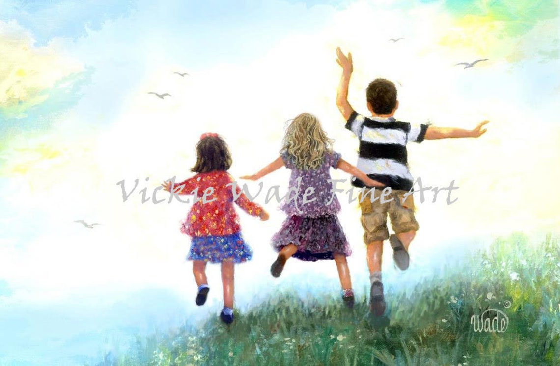 Little Boy And Two Girls Leaping Over A Grassy Hilltop Poster