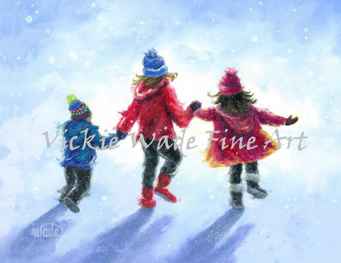 Three Children Holding Hands Walking Through Falling Snow Poster