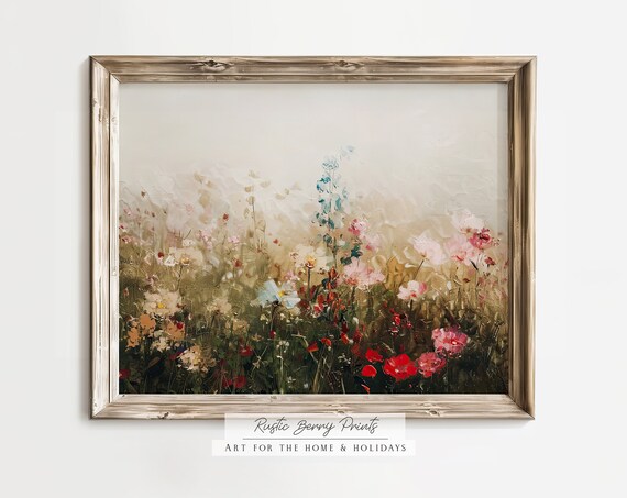 Wildflower Field Landscape Art Print Oil Painting Vintage Print Academia Moody Cottagecore Farmhouse Decor Spring Art