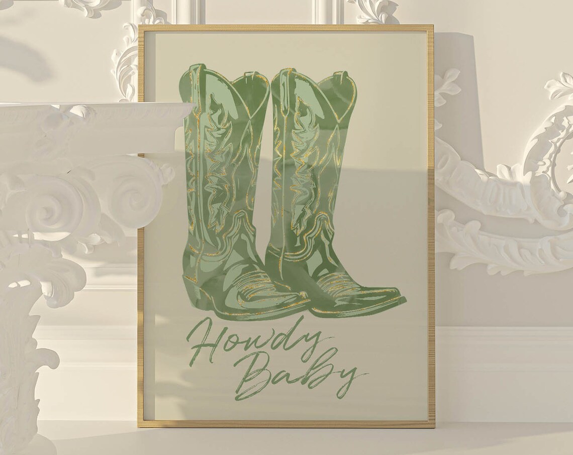 Howdy Baby Sage Green Cowboy Boots Western Typography Poster