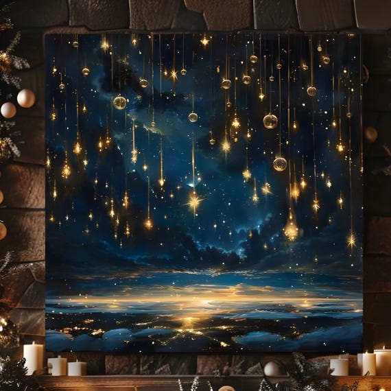 Celestial Night Sky Filled With Shooting Stars Wall Art Ready To Hang Extra Large Wall Art Mystical New Age Winter Wall Art