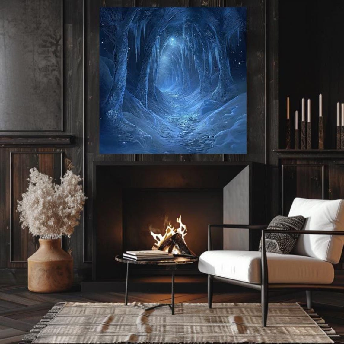 Glowing Frozen Blue Ice Tunnel Through Magical Winter Forest Poster