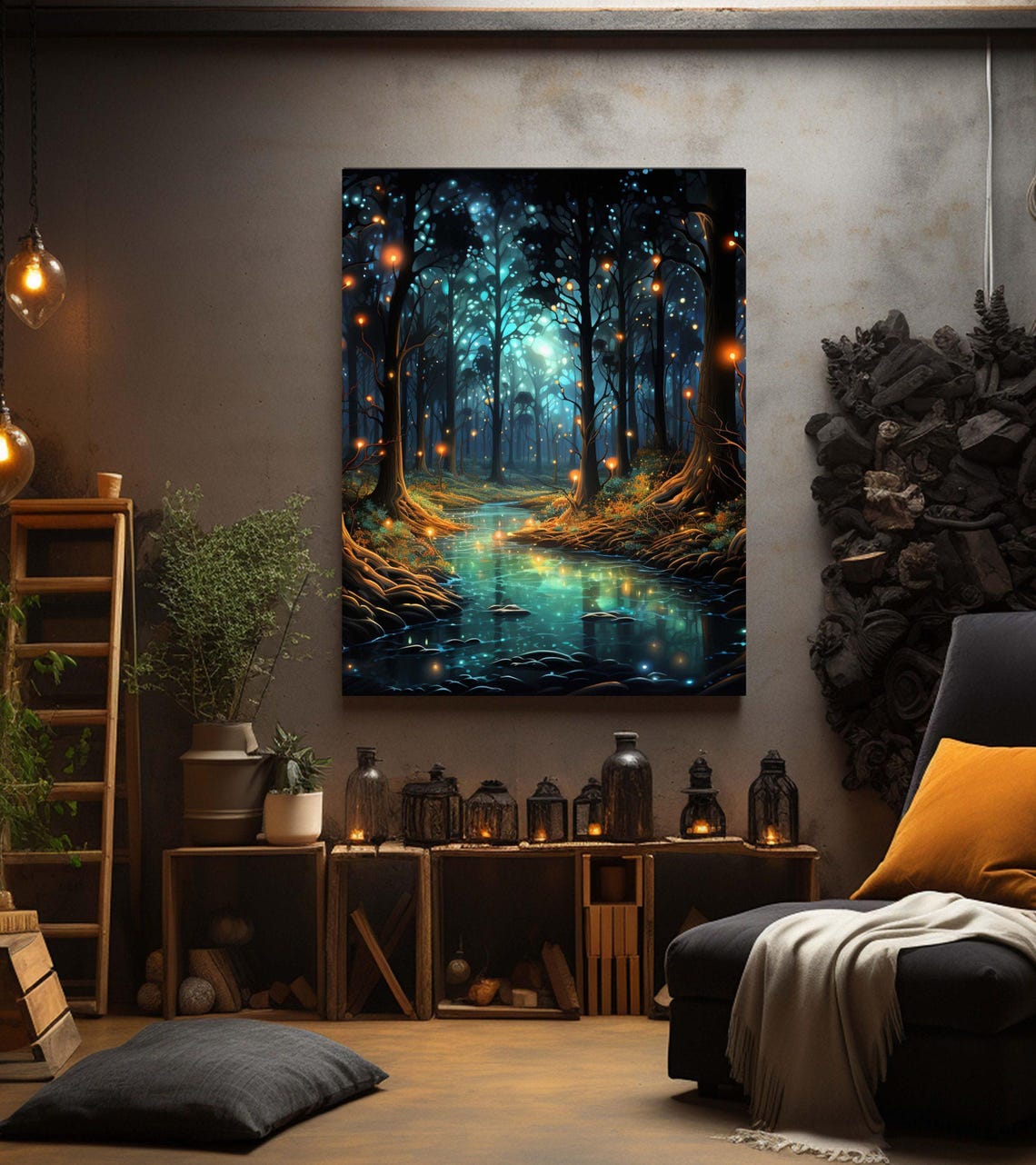 Firefly Forest With Glowing Stream Enchanted Turquoise Night Poster - Image 3