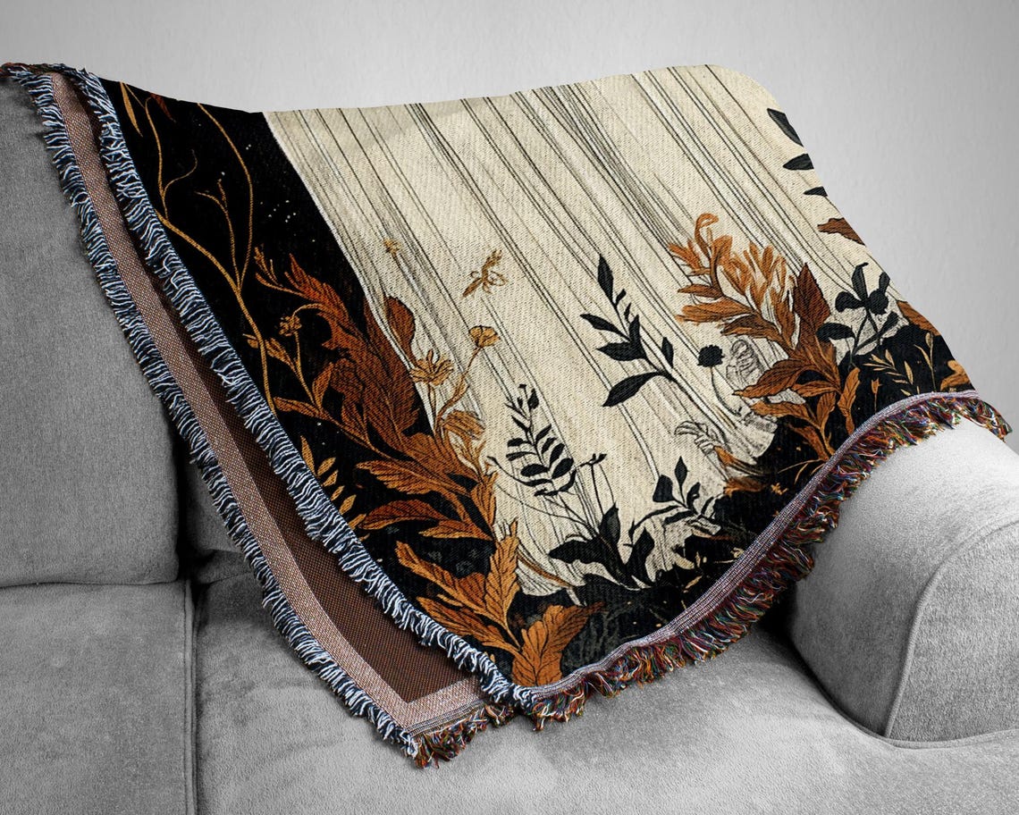 Cute Ghost Couple in Autumn Foliage Woven Tapestry Blanket Art Print - Image 3
