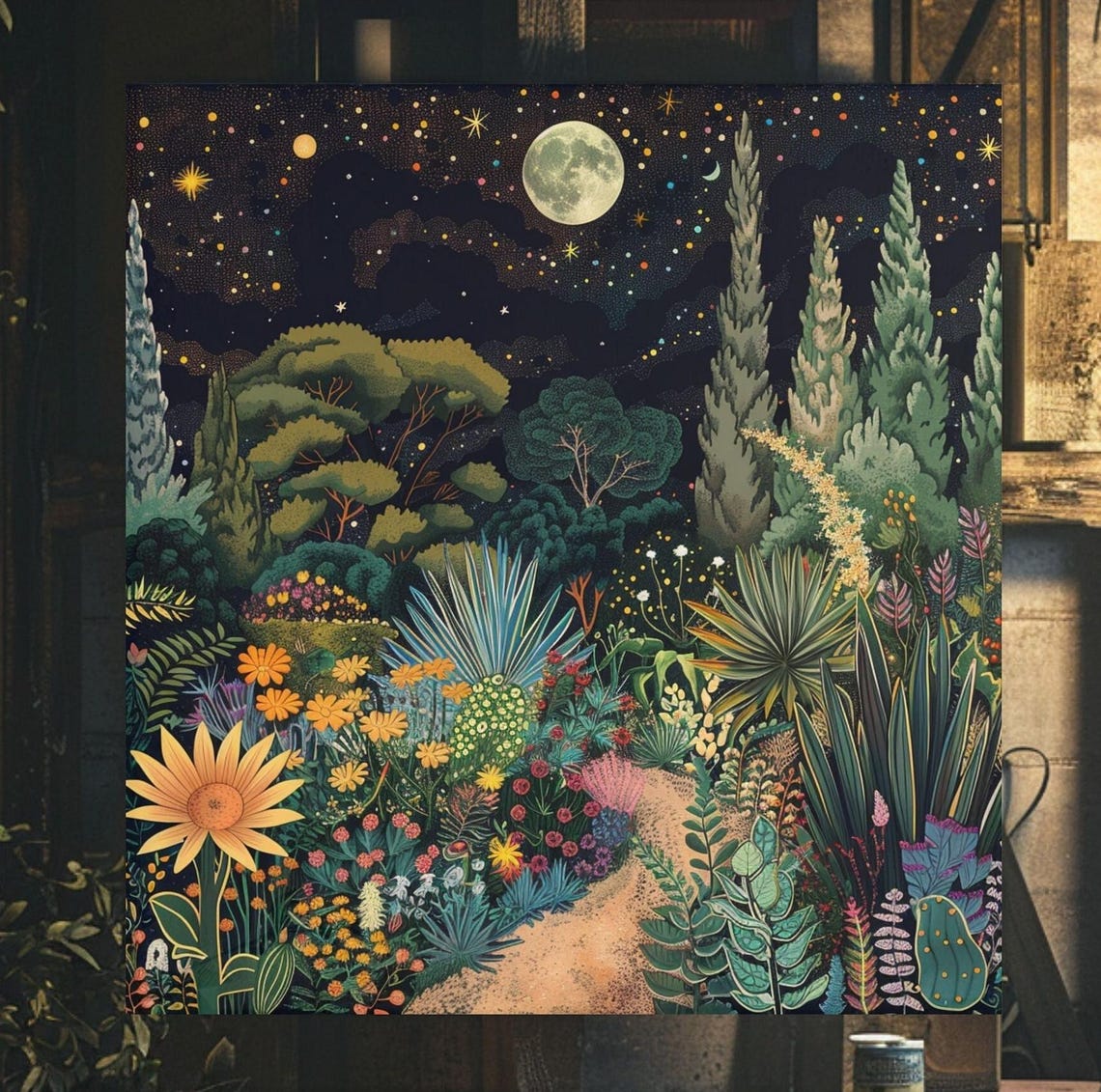 Moonlit Botanical Night Garden Under Starry Sky Floral Art Poster