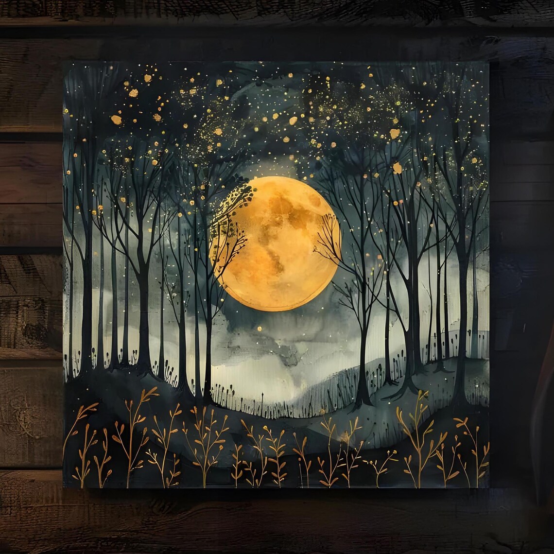 Gold Moon In The Forest, Mystical Night Sky Art Print