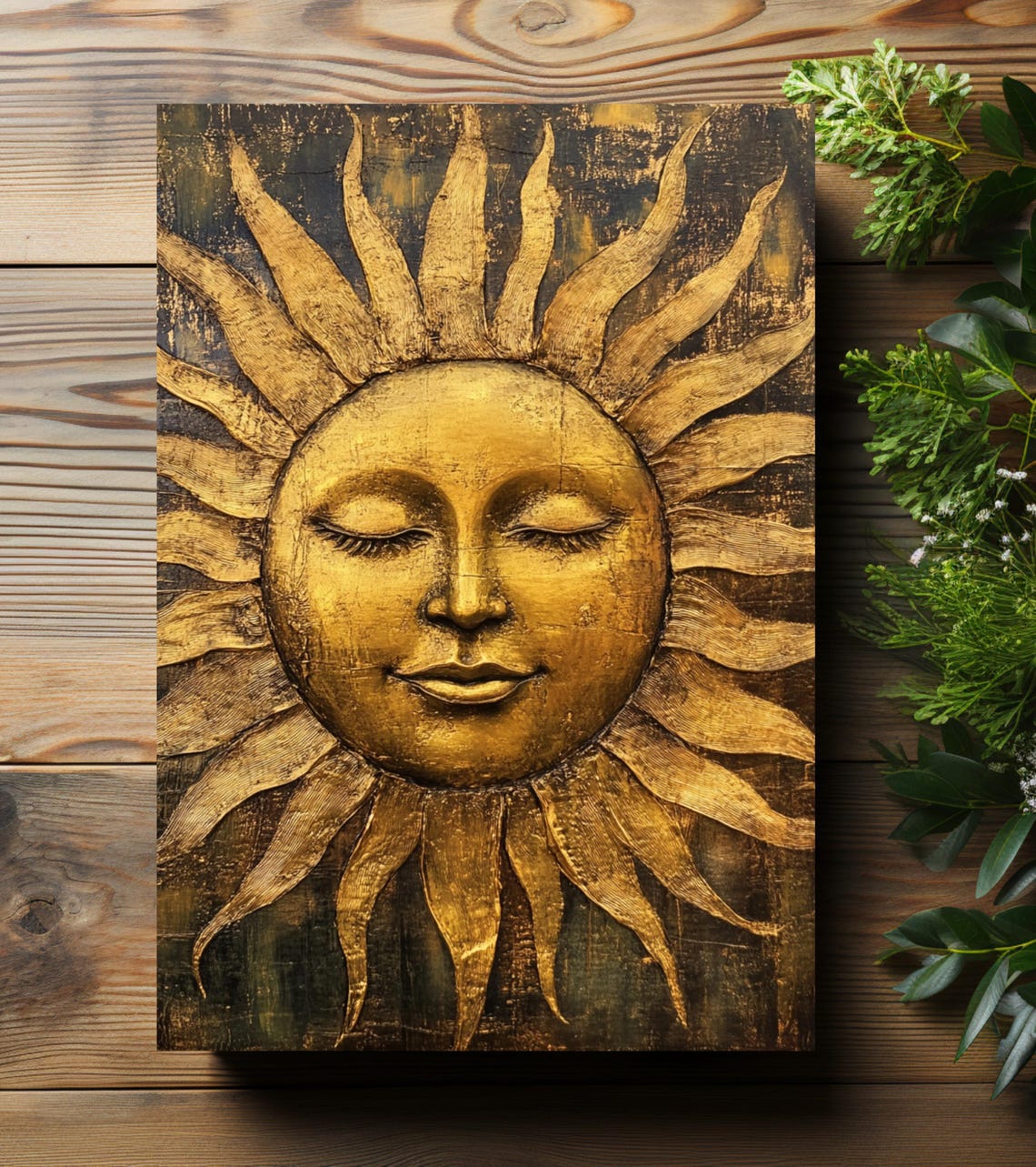 Golden Sun Face Vintage Relief Style Hardcover Journal Art Print