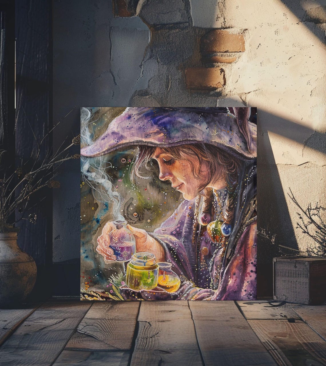 Watercolor Witch Herbalist Mixing Magic Potions Purple Robe Poster - Image 4
