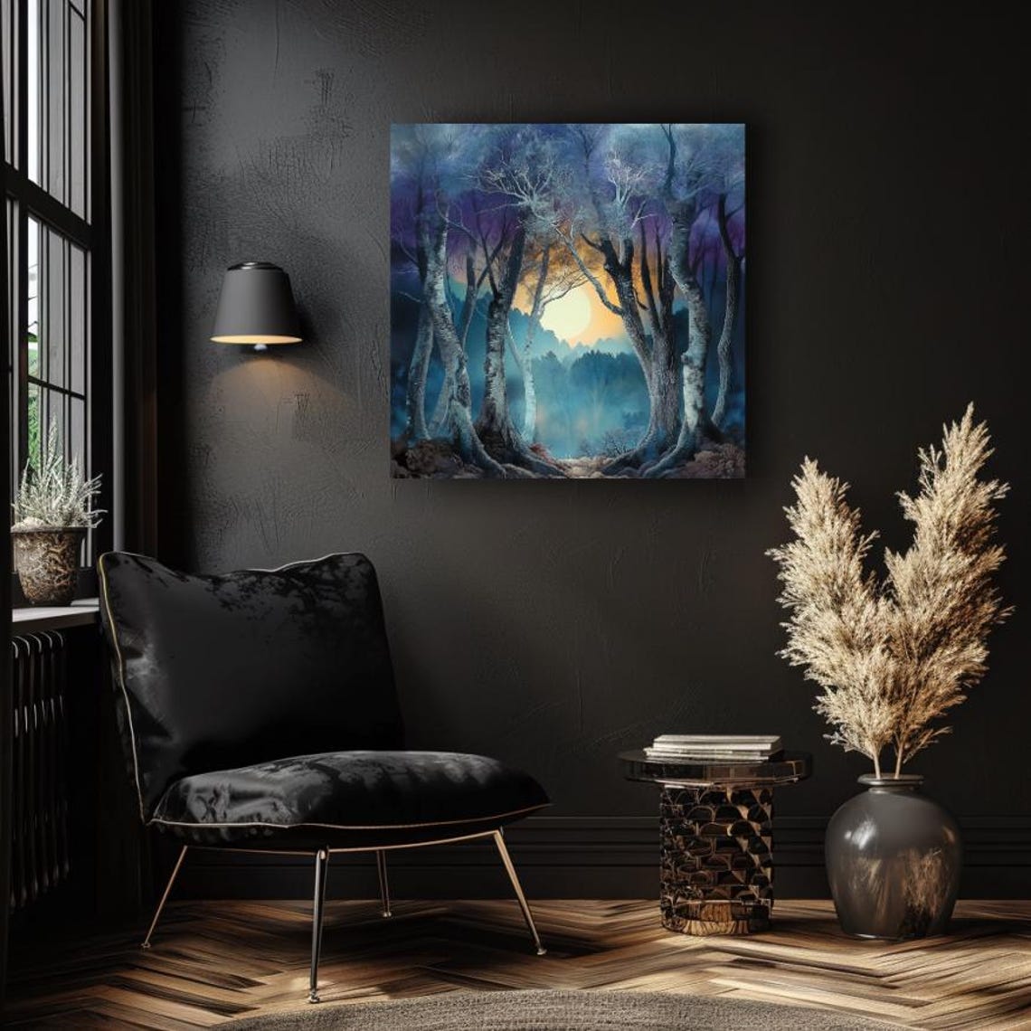 Birch Forest Archway Framing Glowing Moon Soft Misty Blue Poster - Image 4