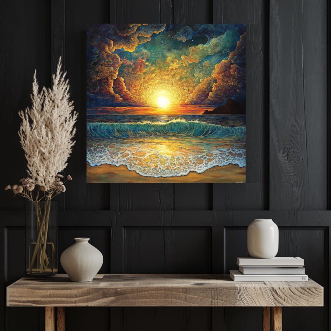 Golden Sunset Ocean Wave Swirling Clouds Seascape Art Poster - Image 4