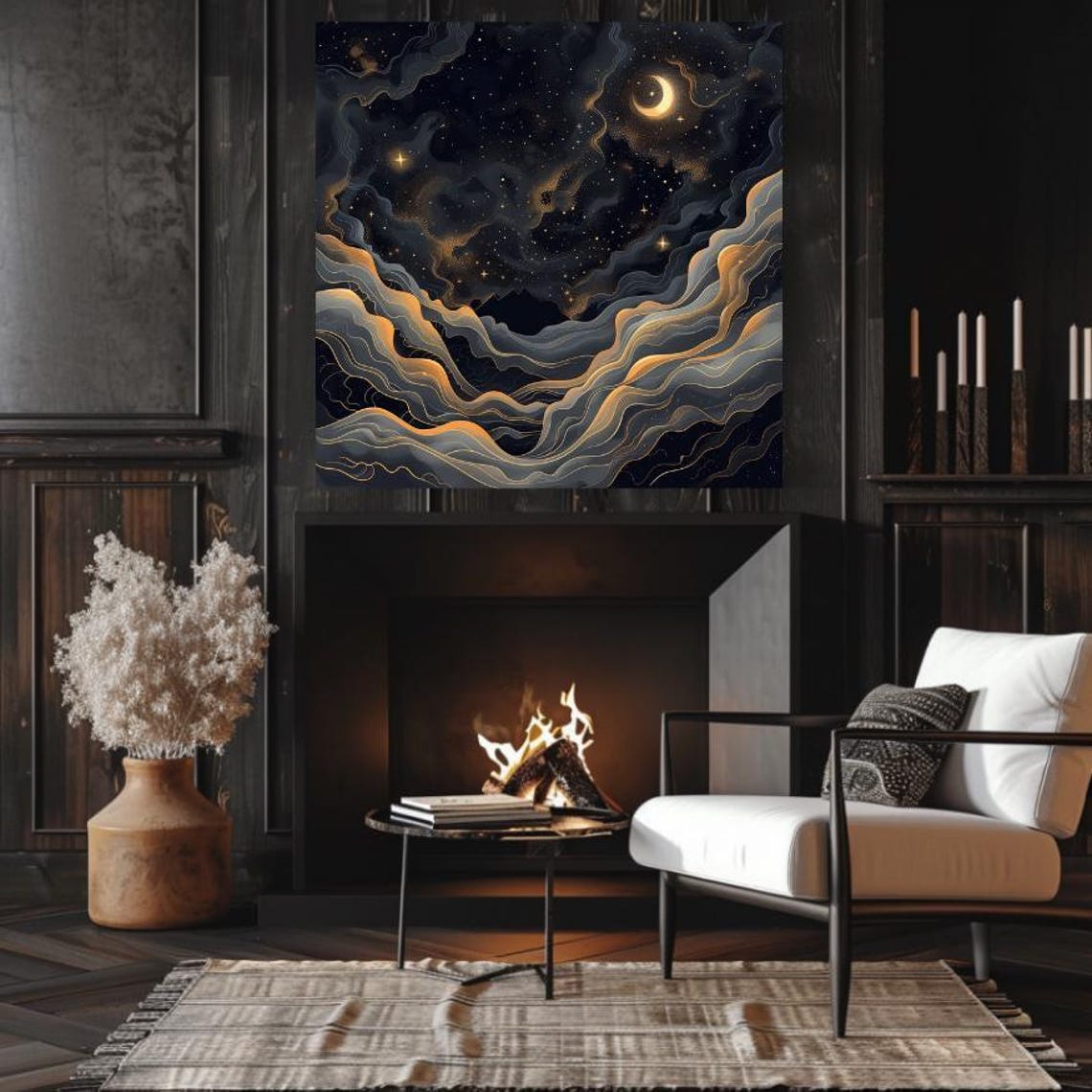 Black And Gold Abstract Night Sky With Crescent Moon Clouds Poster - Image 4