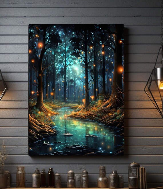 Illuminated Forest Fireflies Wall Art Mystical Fantasy Painting Enchanting Magical Forest Mystical Forest Print Mystical Art