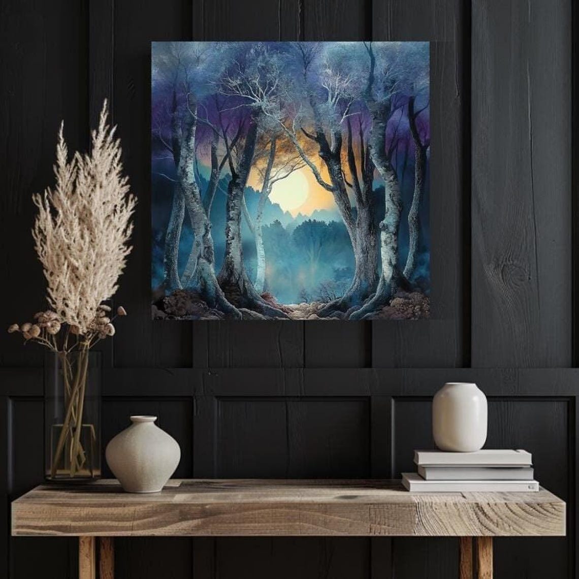 Birch Forest Archway Framing Glowing Moon Soft Misty Blue Poster