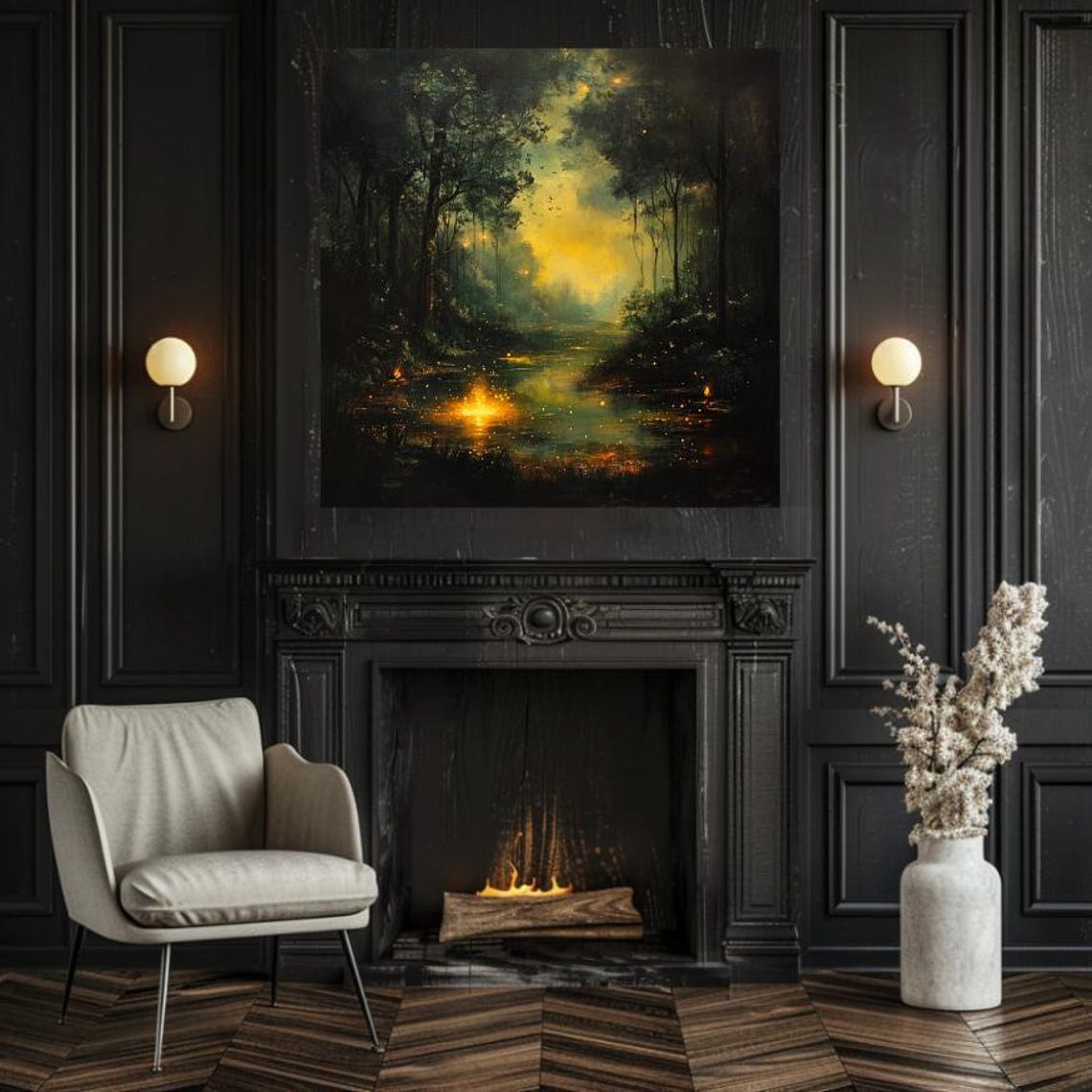 Dark Forest Lake With Golden Glowing Reflections Misty Poster - Image 2