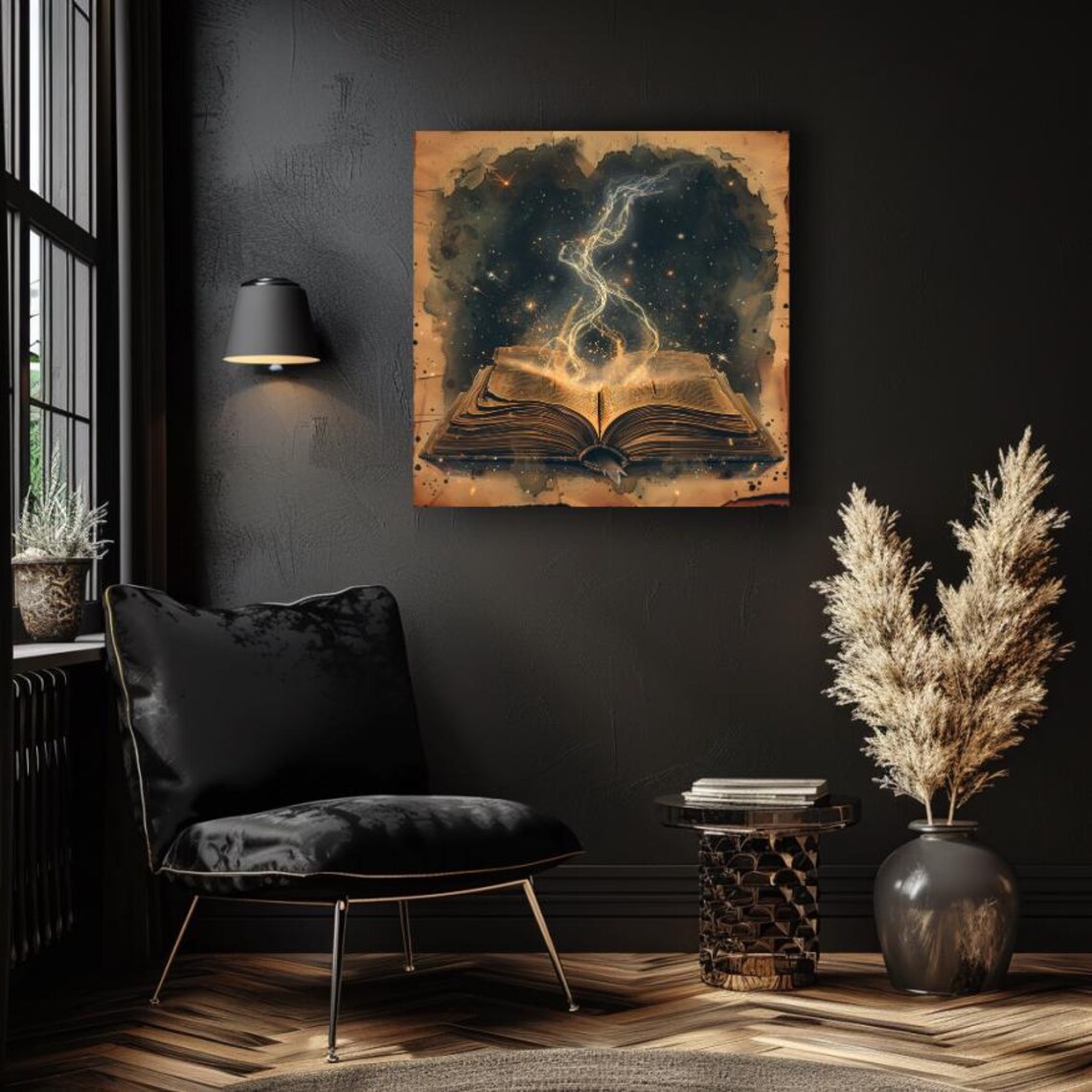 Magic Spell Book with Golden Lightning Rising from Open Pages Art Poster - Image 3