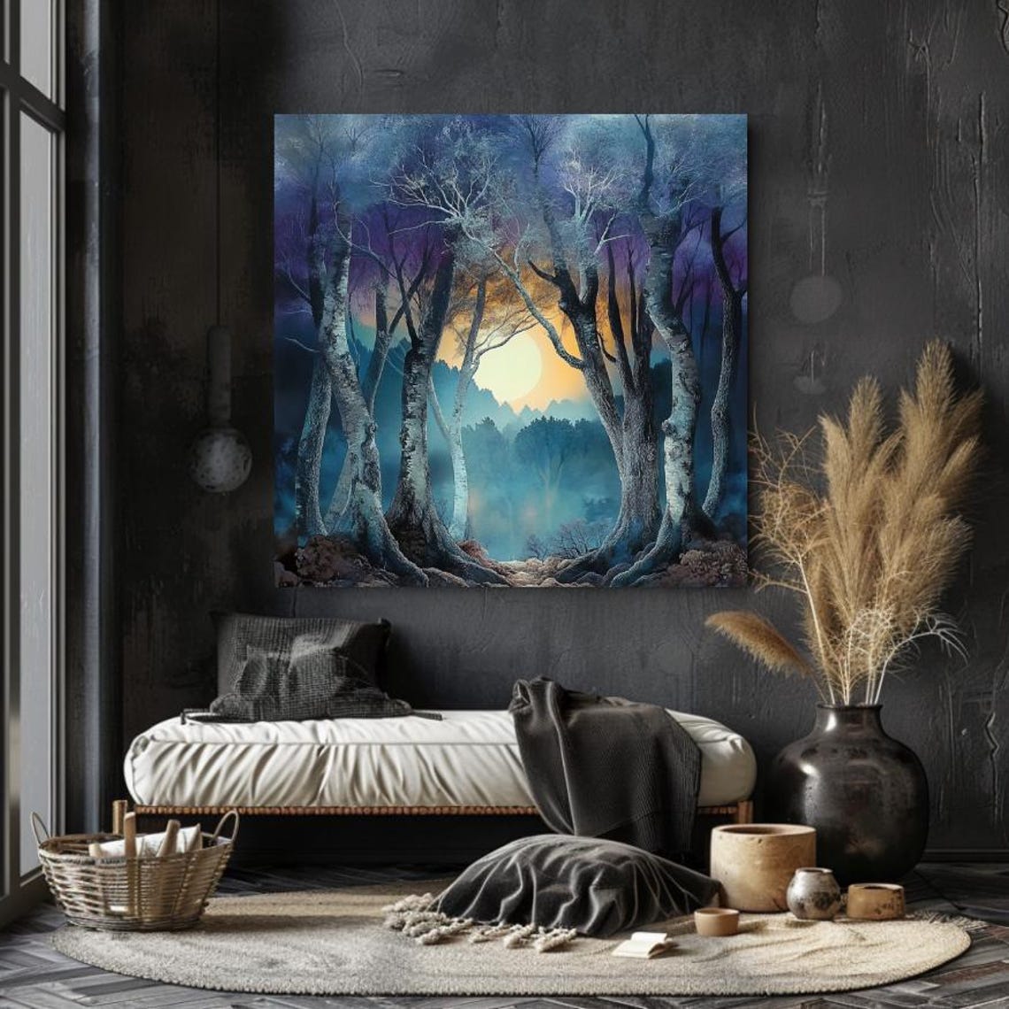 Birch Forest Archway Framing Glowing Moon Soft Misty Blue Poster - Image 2