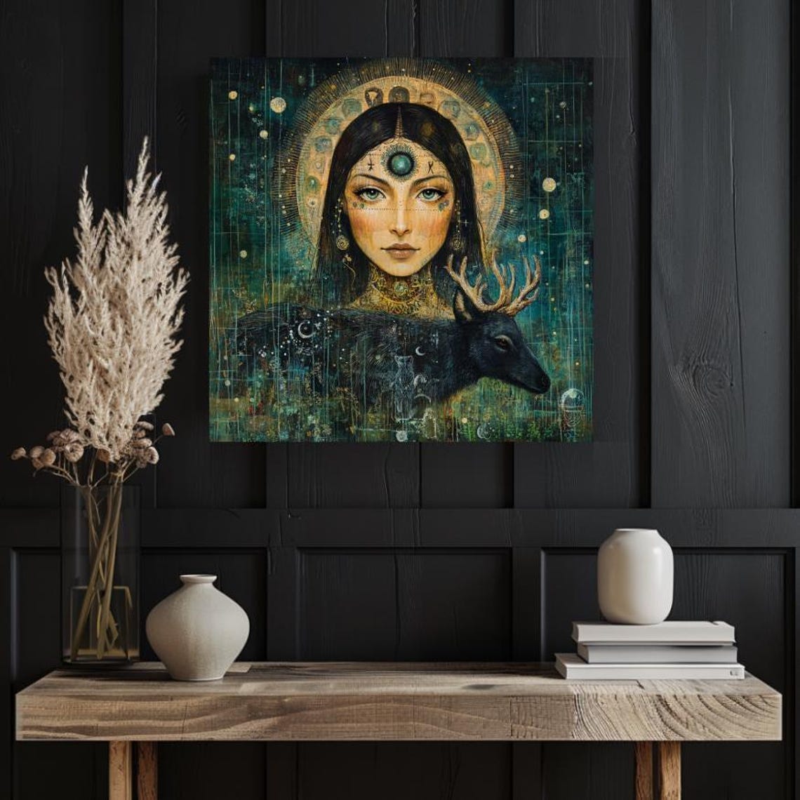 Mystical Woman Green Office Wall Art Above Bed Art Mystical Woman Art Green Wall Art Woman Art New Age Gift Square Wall Art - Image 3