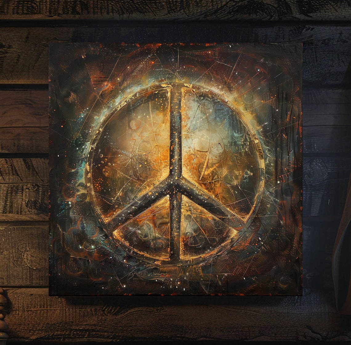 Cosmic Gold Peace Sign Grunge Starry Night Hippie Decor Poster