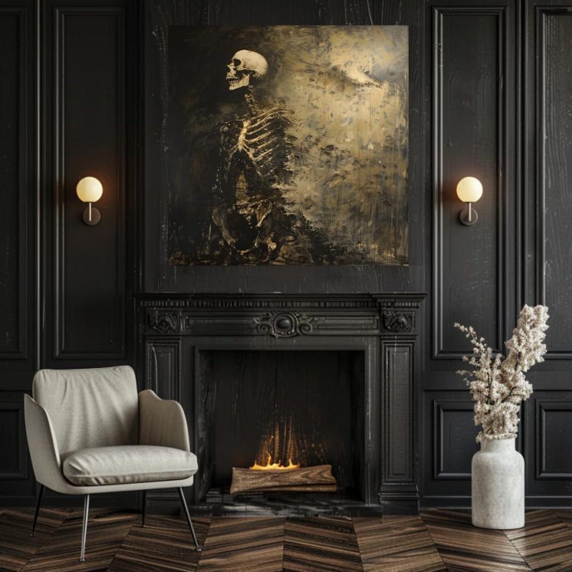 Eerie Golden Skeleton Emerging From Darkness Gothic Skull Art Poster - Image 3